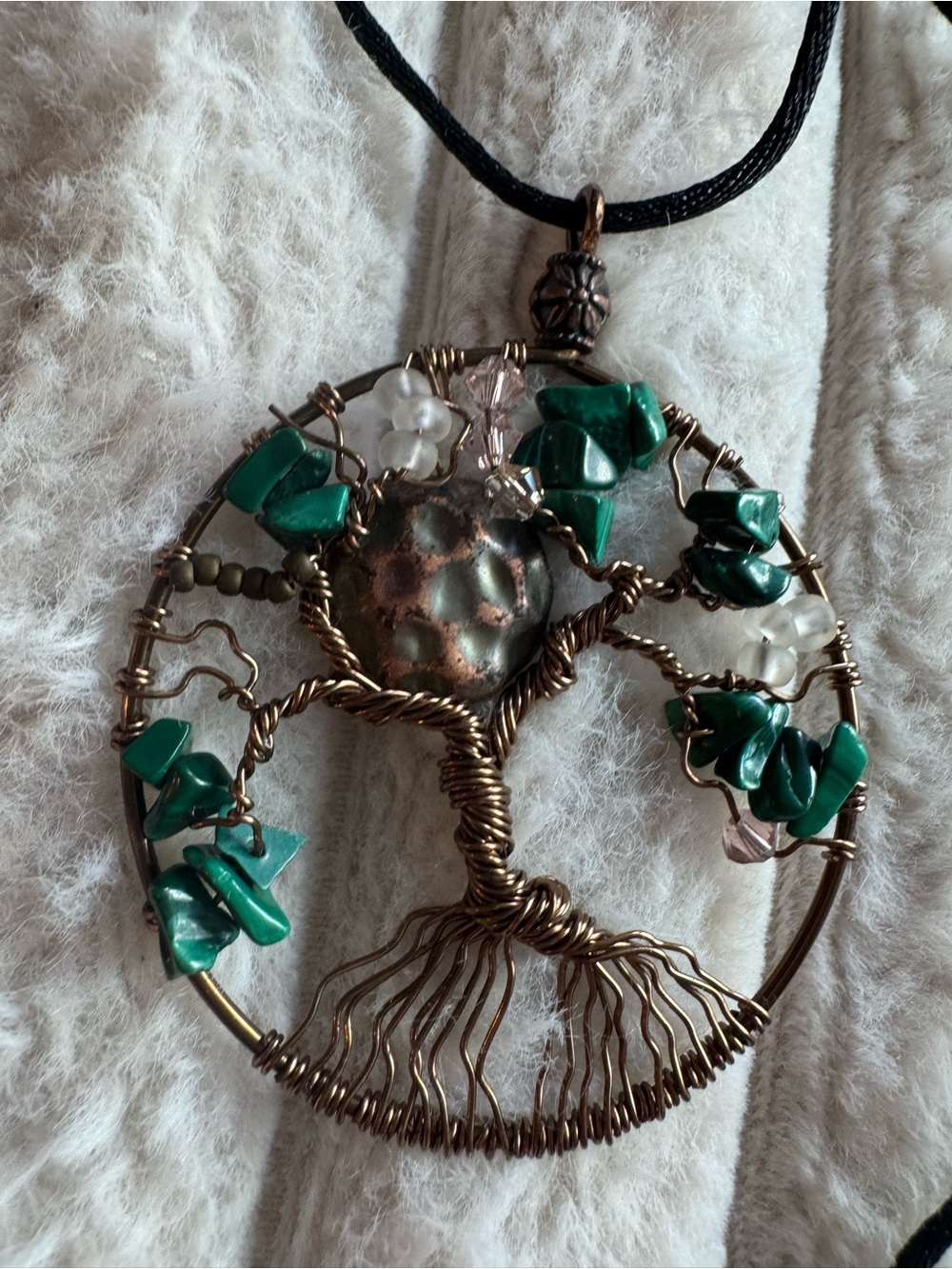 Tree of Life Wire Wrapped Green Malachite Chip Cord Pendant Necklace
